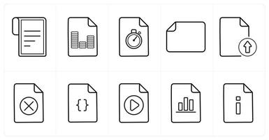 A set of 10 File icons as text document, article, performance in black line color vector