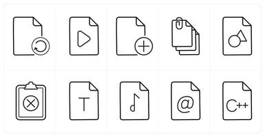 A set of 10 File icons as update, , add document in black line color vector
