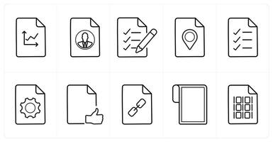 A set of 10 File icons as graph, portfolio, list in black line color vector