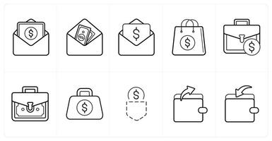 A set of 10 finance icons as banking, email funds, salary envelope, in black line color vector