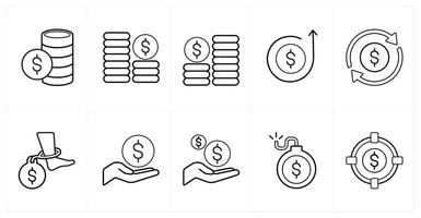 A set of 10 finance icons as funds, investment, growth in black line color vector
