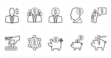 A set of 10 finance icons as investor, finance manager, insert coin in black line color vector