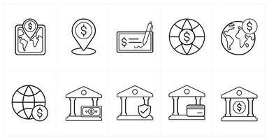 A set of 10 finance icons as bank location, signed cheque, world bank in black line color vector