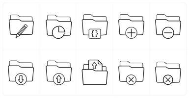 A set of 10 Folder icons as edit folder, data folder, folder code in black line color vector