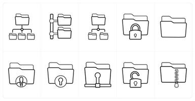A set of 10 Folder icons as sub folder, folder tree, secublack folder in black line color vector