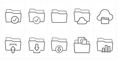 A set of 10 Folder icons as folder access, access, folder, cloud folder in black line color vector