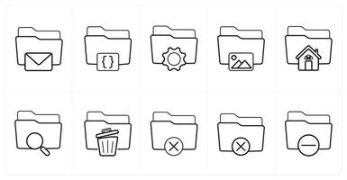 A set of 10 Folder icons as email folder, folder code, folder settings in black line color vector