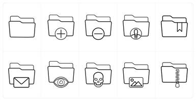 A set of 10 Folder icons as folder, add folder, minus folder in black line color vector