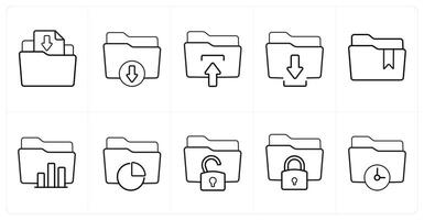 A set of 10 Folder icons as document upload, download folder, folder upload in black line color vector