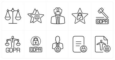 A set of 10 gdpr icons as balance, data protection, officer in black line color vector