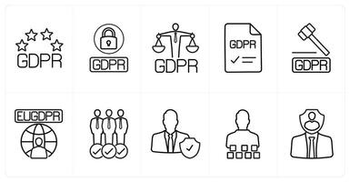A set of 10 gdpr icons as gdpr, protection, balance in black line color vector