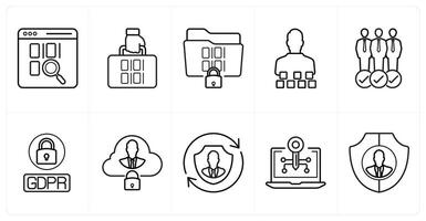A set of 10 gdpr icons as programming, encryption, accessibility in black line color vector