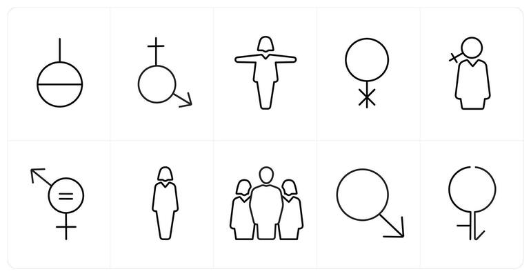 A set of 10 gender icons as gender,symbol in black line color
