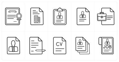 A set of 10 Human Resources icons as joining letter, office document, employee details in black line color vector