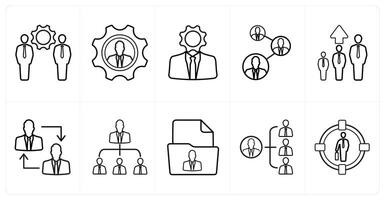 A set of 10 Human Resources icons as management, specialist, business support in black line color vector