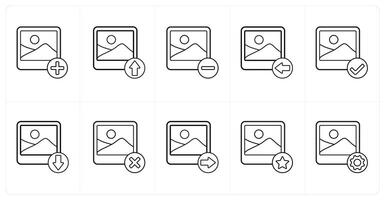 A set of 10 image icons as add image, upload image, remove image in black line color vector