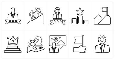 A set of 10 Leadership icons as winner, assistance, champion in black line color vector