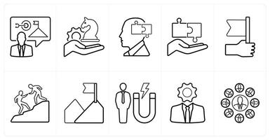 A set of 10 Leadership icons as goal, strategy, solution, management in black line color vector