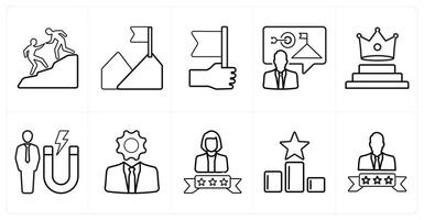 A set of 10 Leadership icons as assistance, vision, flag in black line color vector
