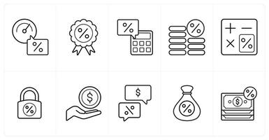 A set of 10 Loan and Debt icons as rating, interest rate, calculator in black line color vector