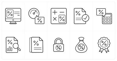 A set of 10 Loan and Debt icons as loan application, rating, calculator in black line color vector