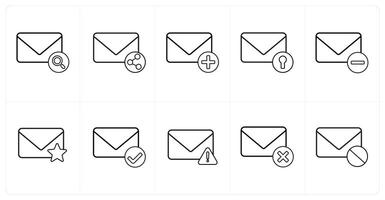 A set of 10 mail icons as search message, share mail, add message in black line color vector