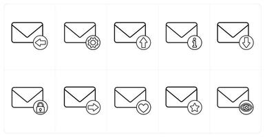 A set of 10 mail icons as received mail, mail setting, send mail in black line color vector