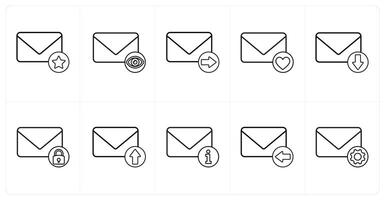 A set of 10 mail icons as star mail, view mail, send mail in black line color vector
