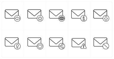 A set of 10 mail icons as received mail, star mail, view mail, mail information in black line color vector