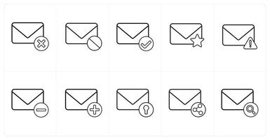 A set of 10 mail icons as delete message, delete mail, verified message in black line color vector