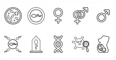 A set of 10 medical icons as bacteria, sperm, female symbol in black line color vector