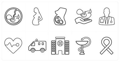 A set of 10 medical icons as fetus, pregnancy, obstetrics in black line color vector