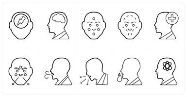 A set of 10 medical icons as headache, neurology, dermatology in black line color vector