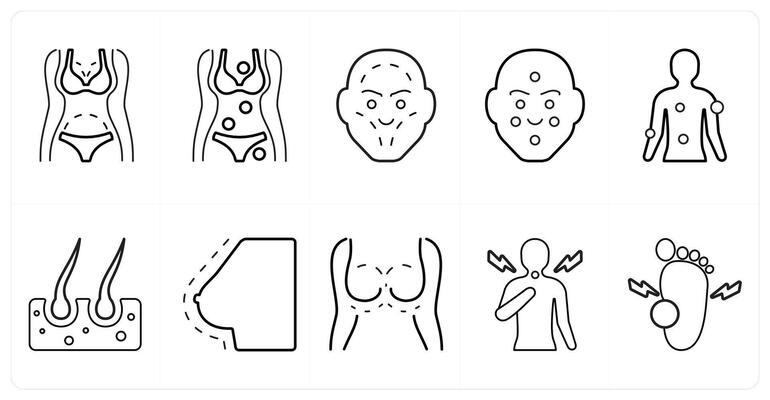 A set of 10 medical icons as plastic surgery, symptom checker, facial plastic surgery in black line color