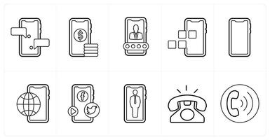 A set of 10 mix icons as mobile sms, digital money, user account in black line color vector