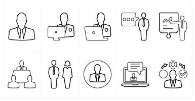 A set of 10 mix icons as man, working man, busy man in black line color vector