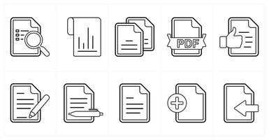 A set of 10 mix icons as search document, flow chart, duplicate copy in black line color vector