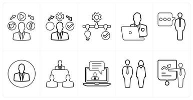 A set of 10 mix icons as social media, right management, solution management in black line color vector