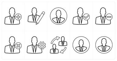 A set of 10 mix icons as add account, writer, businessman in black line color vector