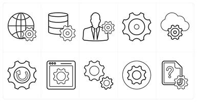 A set of 10 mix icons as global settings, server settings, management settings in black line color vector