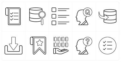 A set of 10 mix icons as data, search, list, question in black line color vector