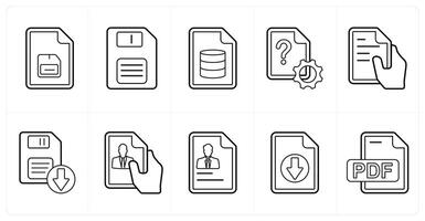 A set of 10 mix icons as floppy, server document, settings document in black line color vector