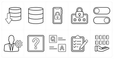 A set of 10 mix icons as download server, database server, mobile security in black line color vector