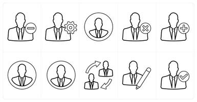 A set of 10 mix icons as remove account, management settings, account profile in black line color vector