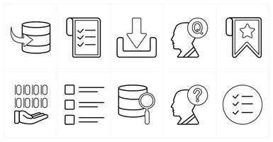 A set of 10 mix icons as received data, data, download, question in black line color vector
