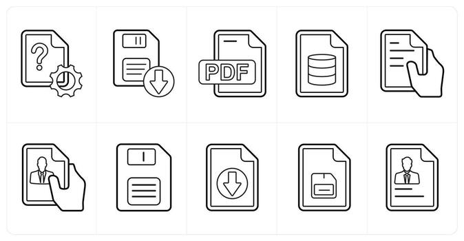 A set of 10 mix icons as settings document, download floppy, pdf file in black line color vector