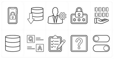 A set of 10 mix icons as mobile security, download server, management settings in black line color vector