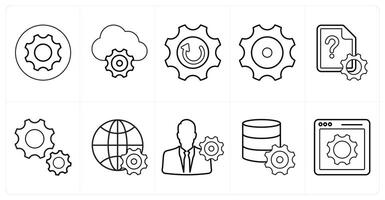 A set of 10 mix icons as configuration, cloud settings, update settings in black line color vector