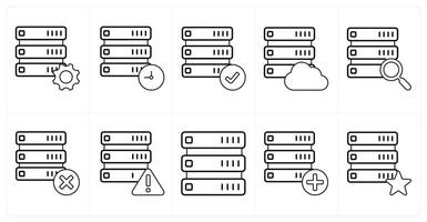 A set of 10 mix icons as server setting, drive update, verified drive in black line color vector