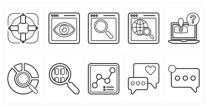 A set of 10 mix icons as target, site vision, web search in black line color vector